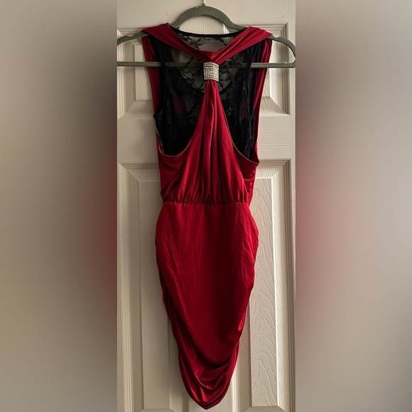 Red Draped Mini Dress with Lace Detail - Picture 5 of 6